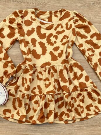 Vestido Infantil Feminino Soltinho Manga Longa Animal Print Bege Fernanda Ramos Kids