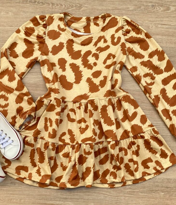 Vestido Infantil Feminino Soltinho Manga Longa Animal Print Bege Fernanda Ramos Kids