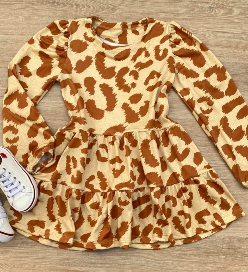 Vestido Infantil Feminino Soltinho Manga Longa Animal Print Bege Fernanda Ramos Kids