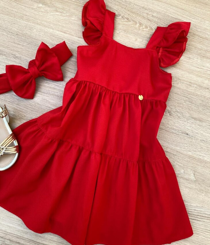 fernandaramoskids com br Vestido Infantil Feminino Vermelho com Faixa de Cabelo 1