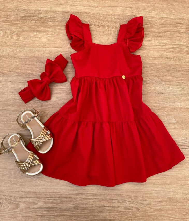 Vestido Infantil Feminino Vermelho com Faixa de Cabelo Fernanda Ramos Kids