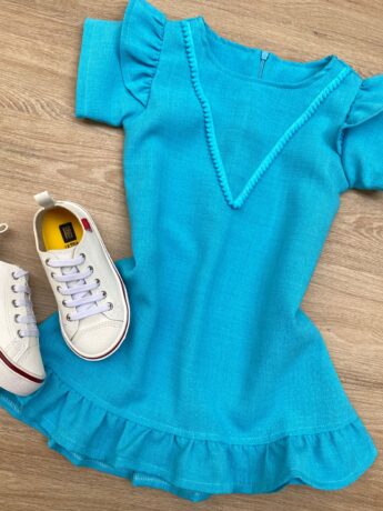 fernandaramoskids com br Vestido Infantil Feminino Zíper Atrás Azul Piscina com Detalhe 1