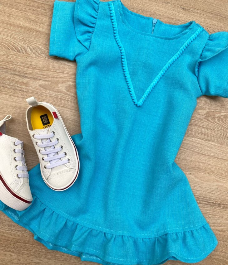 fernandaramoskids com br Vestido Infantil Feminino Zíper Atrás Azul Piscina com Detalhe 1