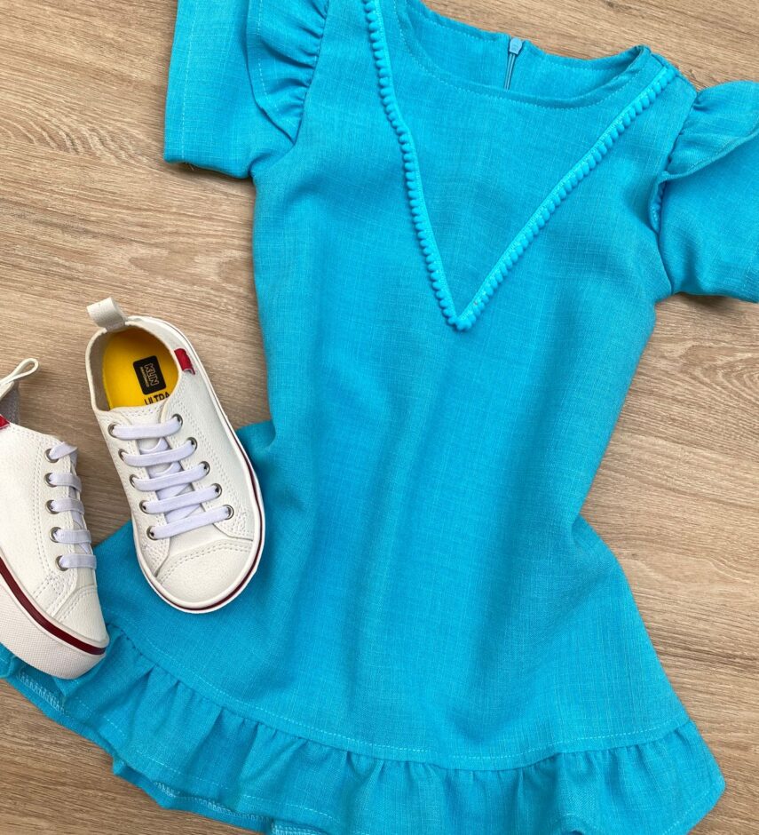 fernandaramoskids com br Vestido Infantil Feminino Zíper Atrás Azul Piscina com Detalhe 1