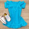 Vestido Infantil Feminino Zíper Atrás Azul Piscina com Detalhe Fernanda Ramos Kids