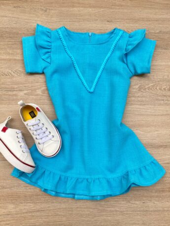 Vestido Infantil Feminino Zíper Atrás Azul Piscina com Detalhe Fernanda Ramos Kids