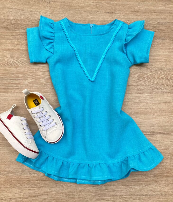 Vestido Infantil Feminino Zíper Atrás Azul Piscina com Detalhe Fernanda Ramos Kids