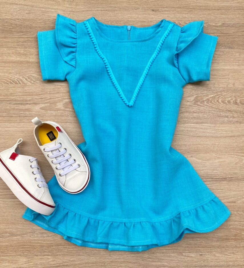 Vestido Infantil Feminino Zíper Atrás Azul Piscina com Detalhe Fernanda Ramos Kids