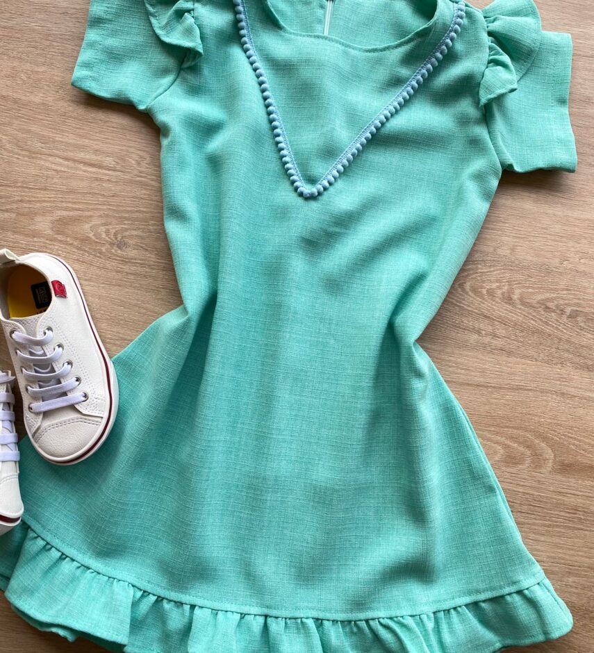 fernandaramoskids com br Vestido Infantil Feminino Zíper Atrás Verde Água com Detalhe 1