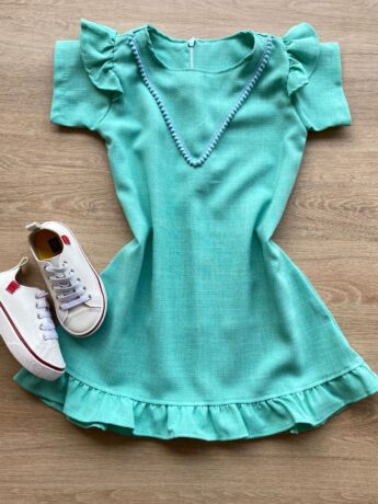 Vestido Infantil Feminino Zíper Atrás Verde Água com Detalhe Fernanda Ramos Kids