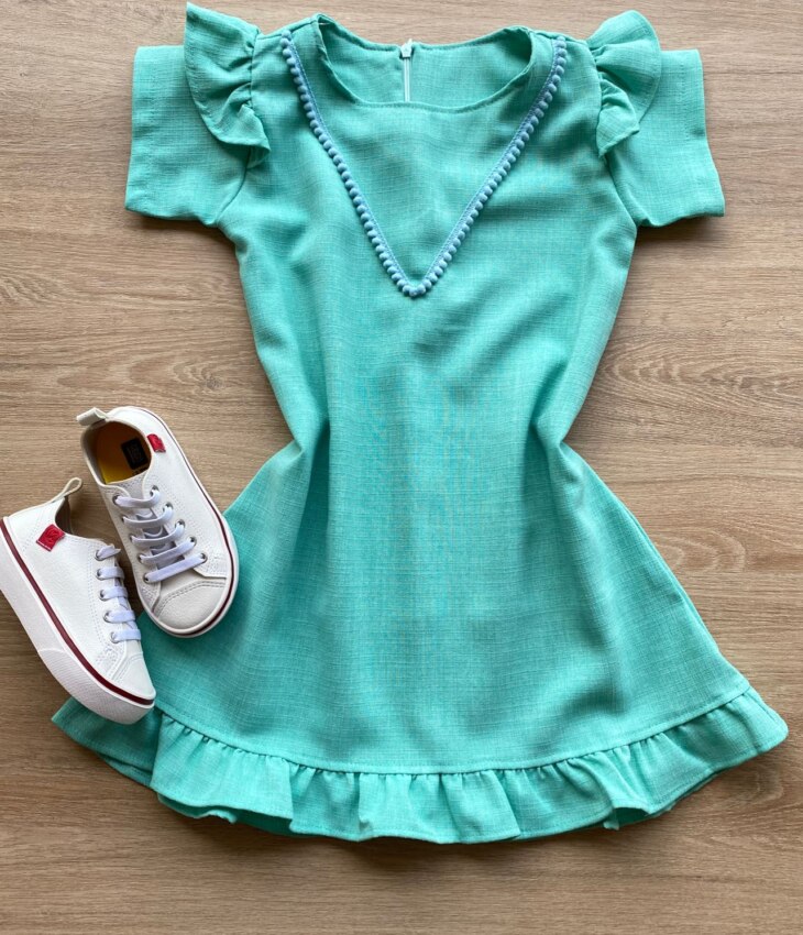 Vestido Infantil Feminino Zíper Atrás Verde Água com Detalhe Fernanda Ramos Kids