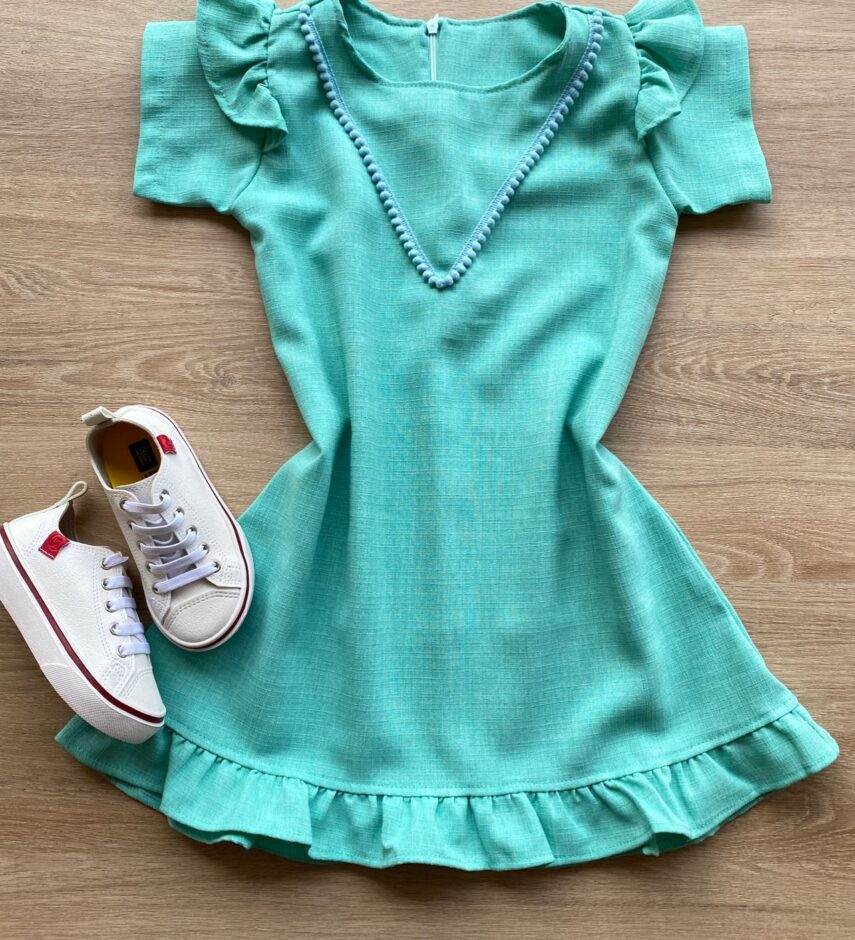 Vestido Infantil Feminino Zíper Atrás Verde Água com Detalhe Fernanda Ramos Kids