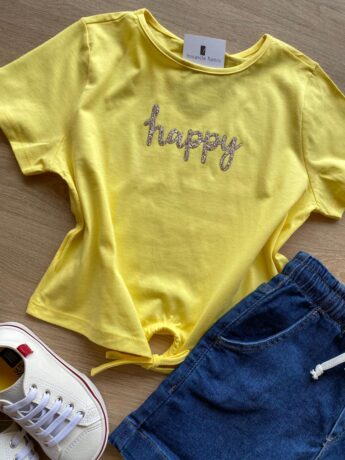 fernandaramoskids com br Blusa Cropped Infantil Feminino Happy com Amarração Amarelo 1
