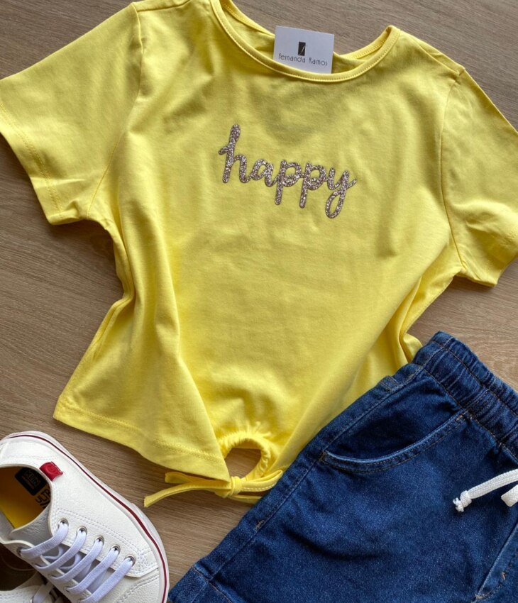 fernandaramoskids com br Blusa Cropped Infantil Feminino Happy com Amarração Amarelo 1