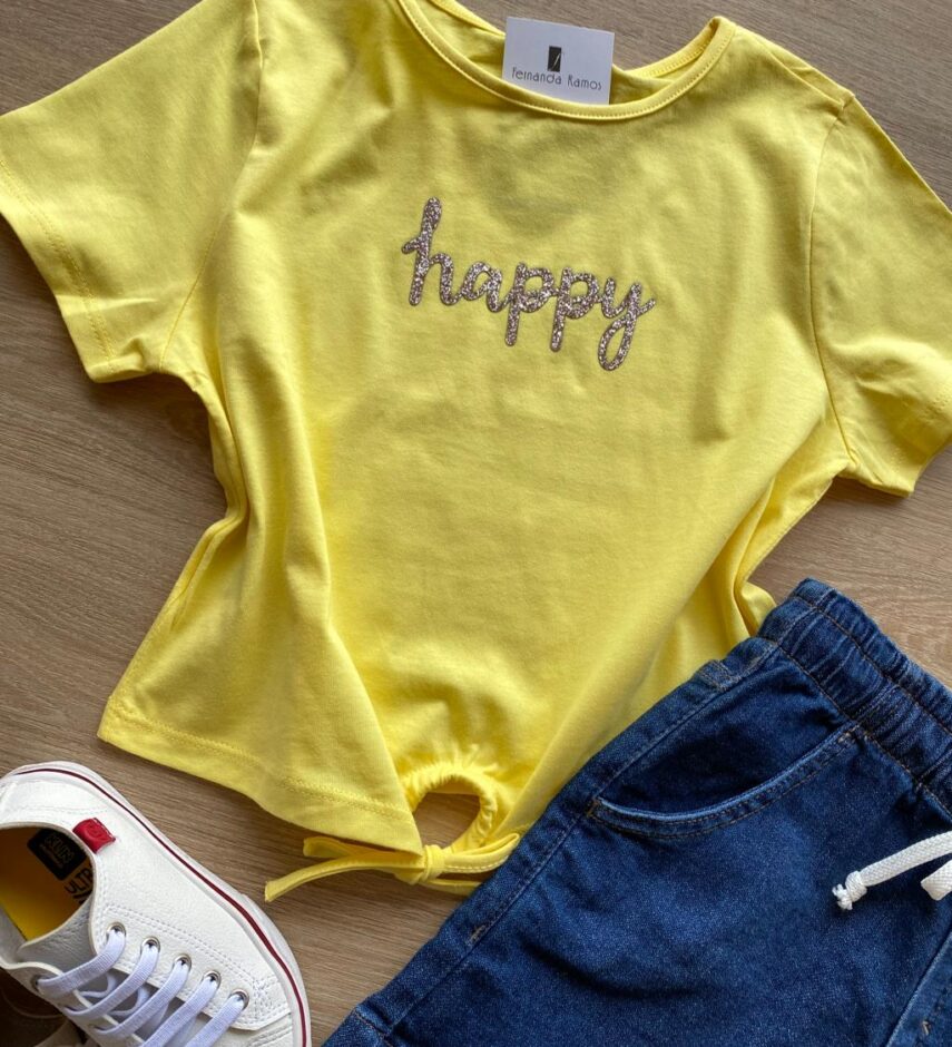 fernandaramoskids com br Blusa Cropped Infantil Feminino Happy com Amarração Amarelo 1