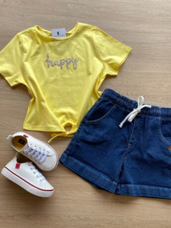 Blusa Cropped Infantil Feminino Happy com Amarração Amarelo Fernanda Ramos Kids