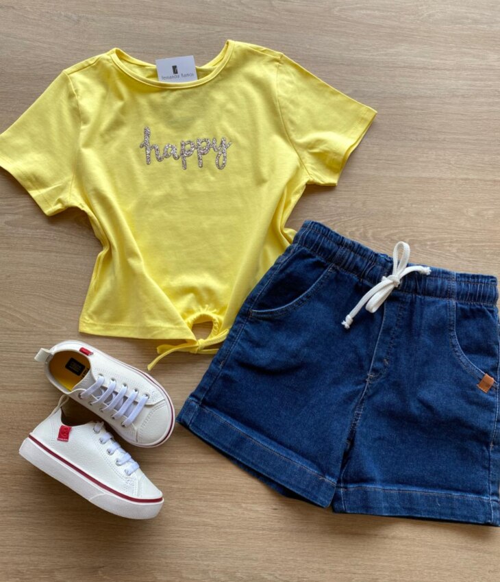 Blusa Cropped Infantil Feminino Happy com Amarração Amarelo Fernanda Ramos Kids
