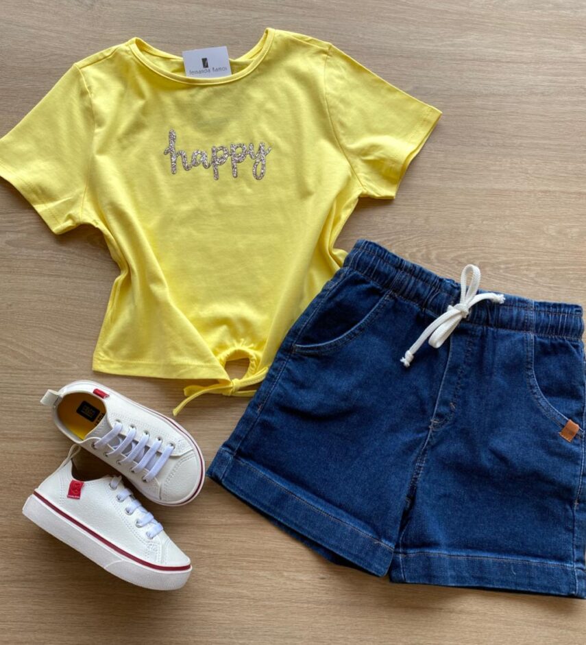 Blusa Cropped Infantil Feminino Happy com Amarração Amarelo Fernanda Ramos Kids