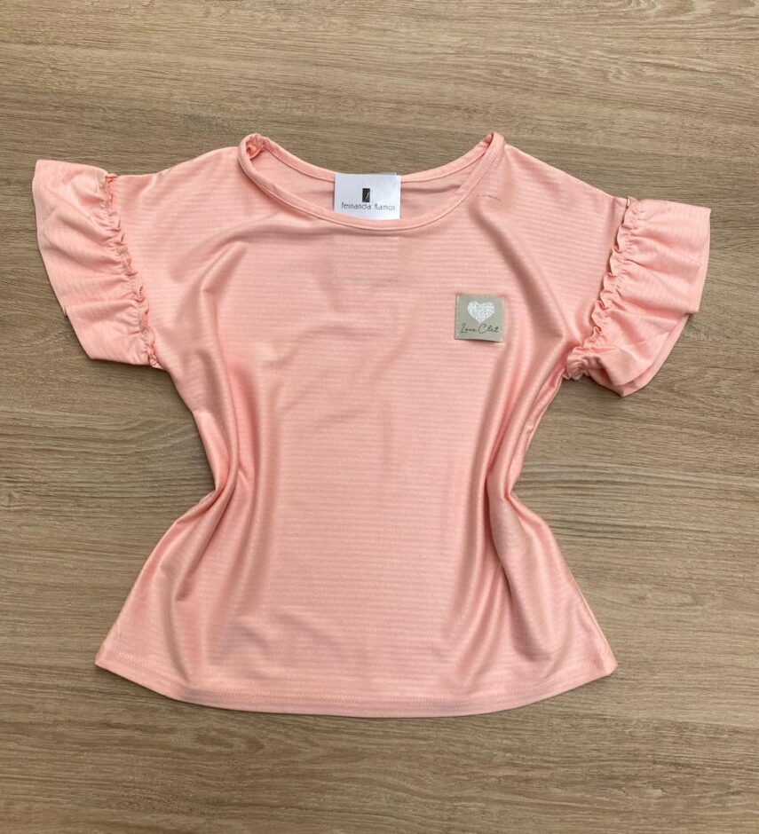 Blusa Manga Curta Infantil Feminina Manga Babado Rose Fernanda Ramos Kids