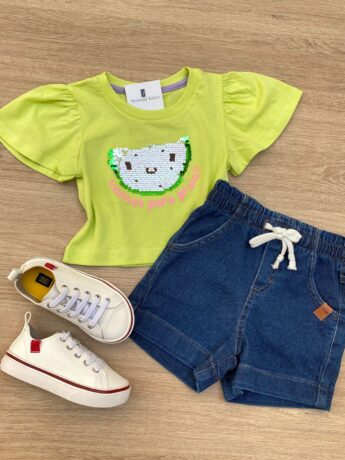 Blusa Manga Curta Infantil Feminina Verde Pistache Fernanda Ramos Kids