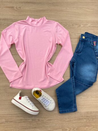 Blusa Manga Longa Infantil Feminina de Malha Rosa Fernanda Ramos Kids