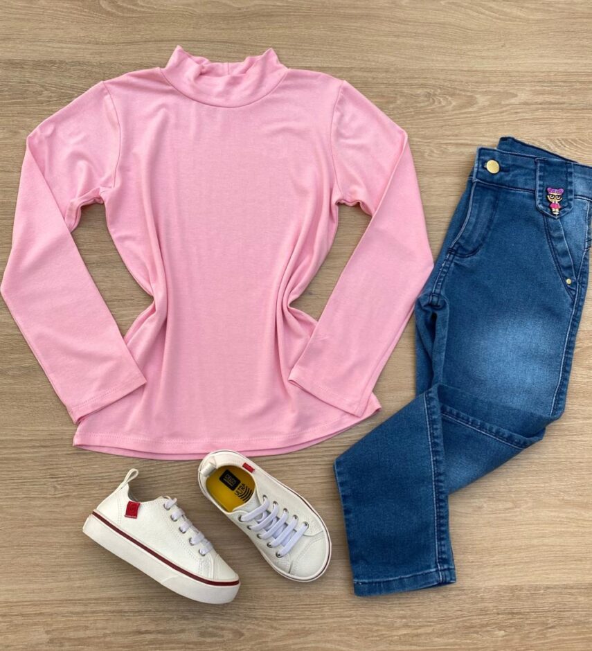 Blusa Manga Longa Infantil Feminina de Malha Rosa Fernanda Ramos Kids