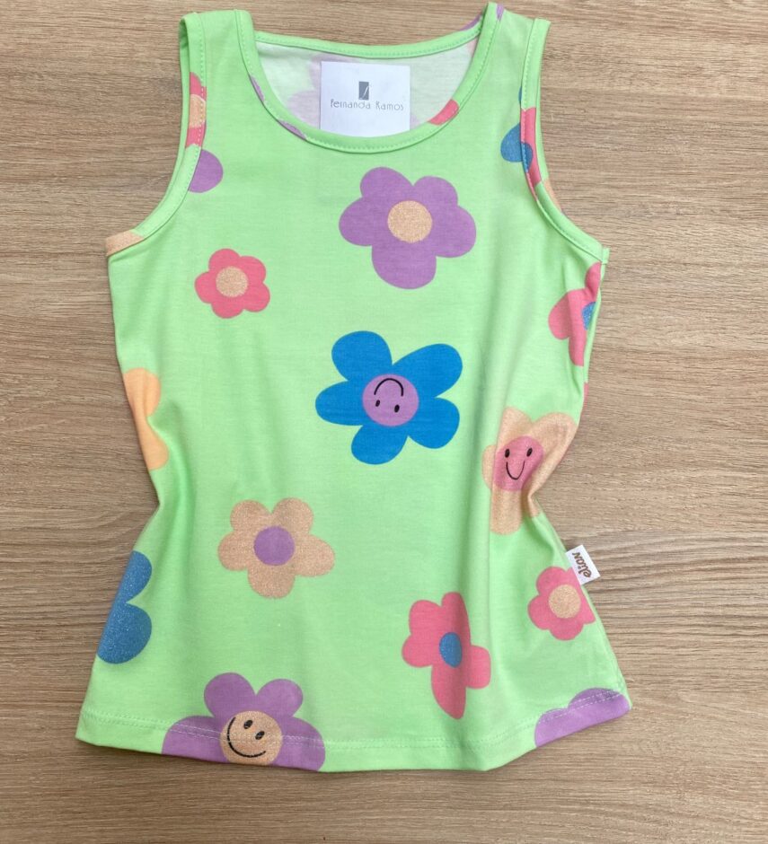 Blusa Regata Infantil Feminina com Estampa Floral Cor Verde Fernanda Ramos Kids