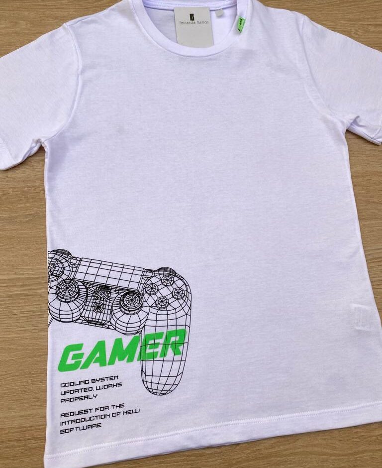 fernandaramoskids com br Camiseta Infantil Masculina Estampada Gamer Branca 1