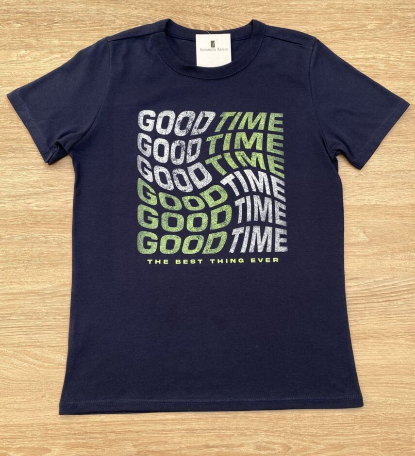 Camiseta Infantil Masculina Tradicional Good Time Azul Marinho Fernanda Ramos Kids