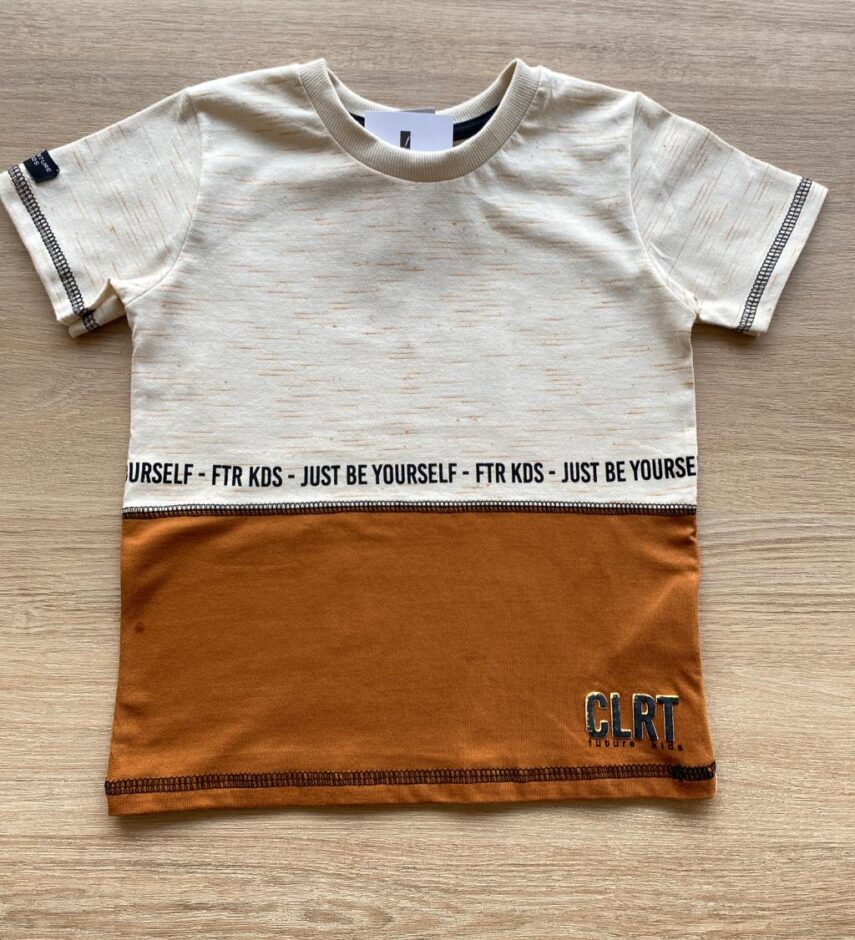 Camiseta Manga Curta Infantil Masculina Bege e Caramelo Fernanda Ramos Kids