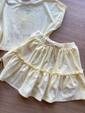 fernandaramoskids com br Conjunto Infantil Feminino Amarelo Cropped My Little Paradise Short Saia 1