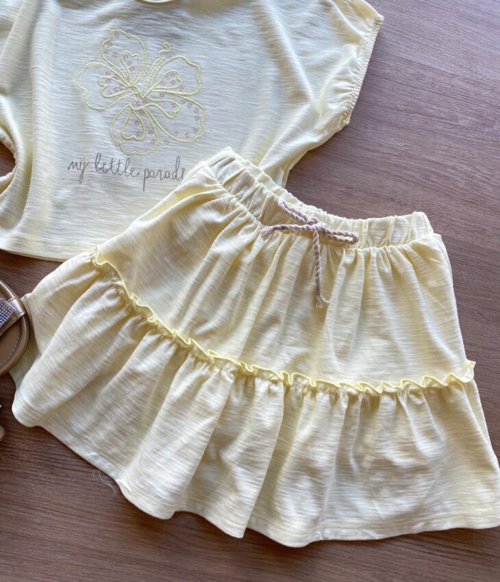 fernandaramoskids com br Conjunto Infantil Feminino Amarelo Cropped My Little Paradise Short Saia 1