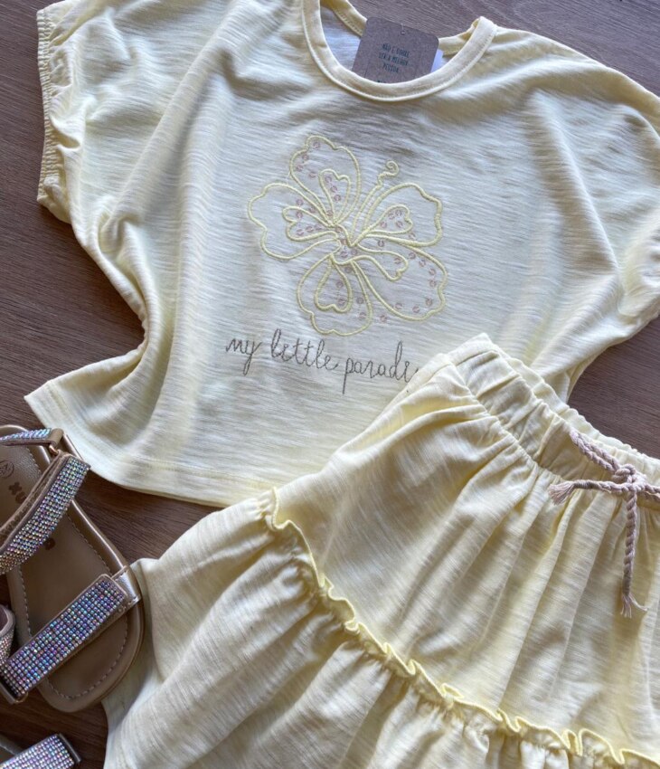 fernandaramoskids com br Conjunto Infantil Feminino Amarelo Cropped My Little Paradise Short Saia 2