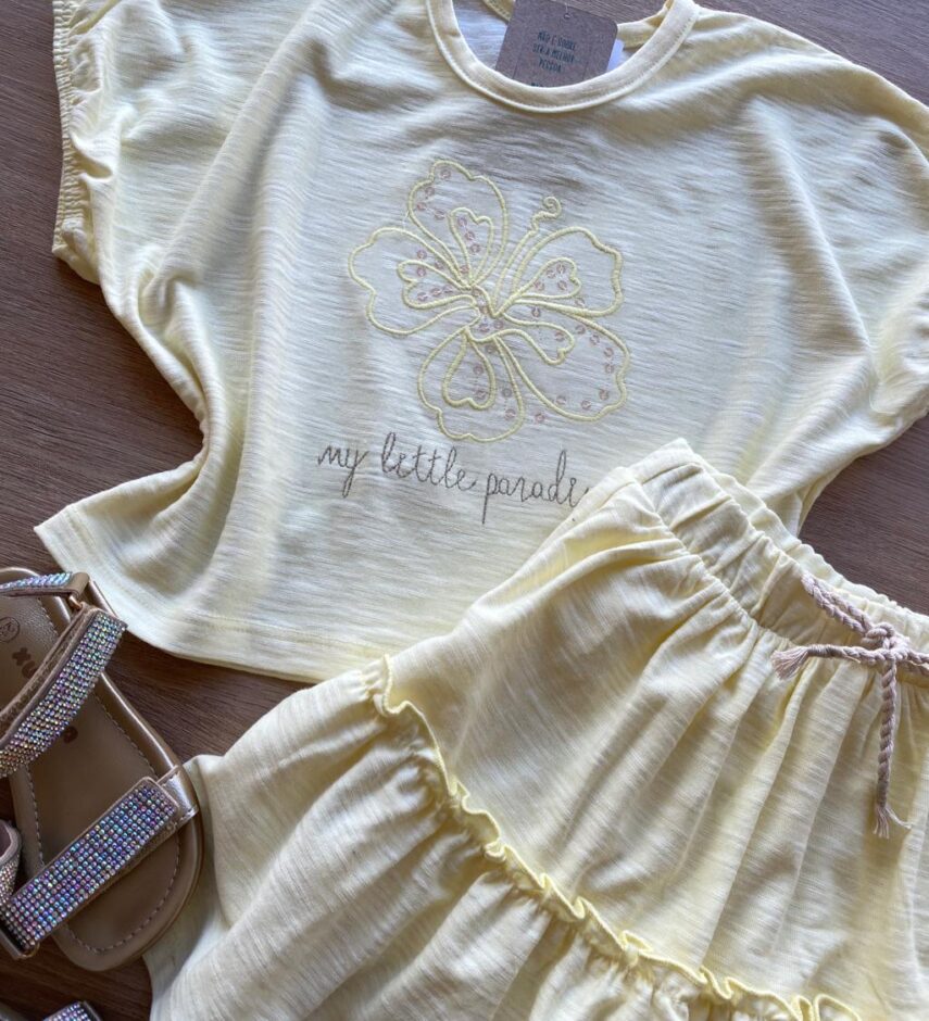 fernandaramoskids com br Conjunto Infantil Feminino Amarelo Cropped My Little Paradise Short Saia 2