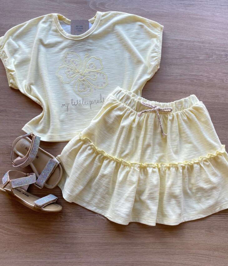 Conjunto Infantil Feminino Amarelo Cropped My Little Paradise Short Saia Fernanda Ramos Kids