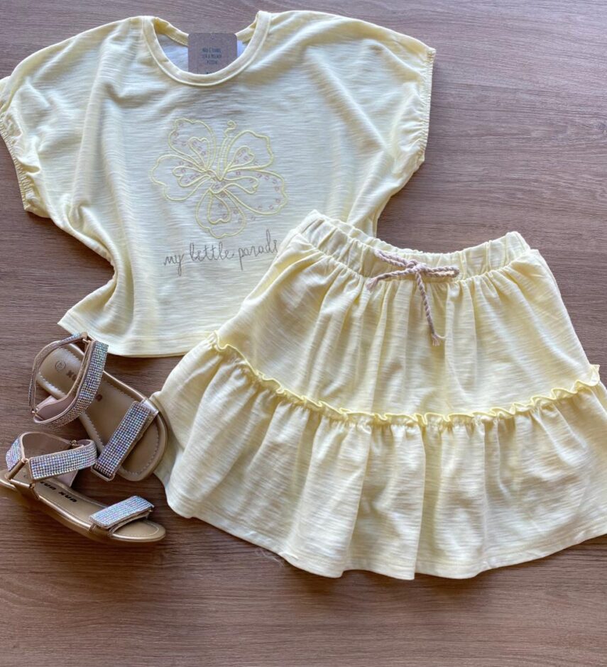 Conjunto Infantil Feminino Amarelo Cropped My Little Paradise Short Saia Fernanda Ramos Kids