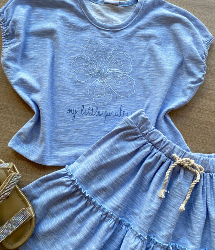 fernandaramoskids com br Conjunto Infantil Feminino Azul Cropped My Little Paradise Short Saia 1