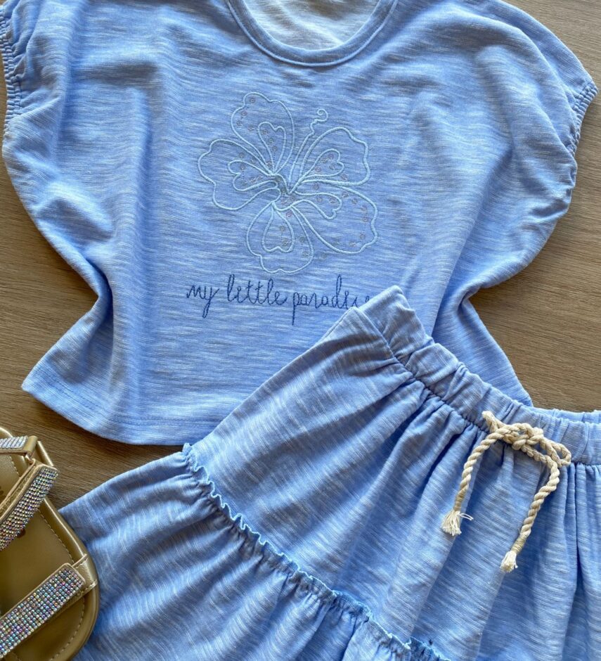fernandaramoskids com br Conjunto Infantil Feminino Azul Cropped My Little Paradise Short Saia 1