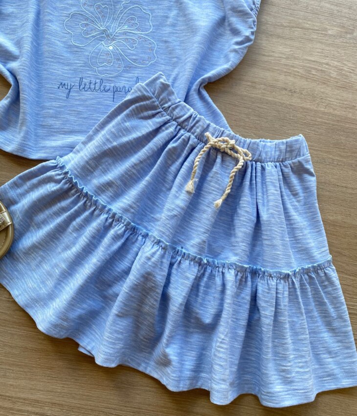 fernandaramoskids com br Conjunto Infantil Feminino Azul Cropped My Little Paradise Short Saia 2