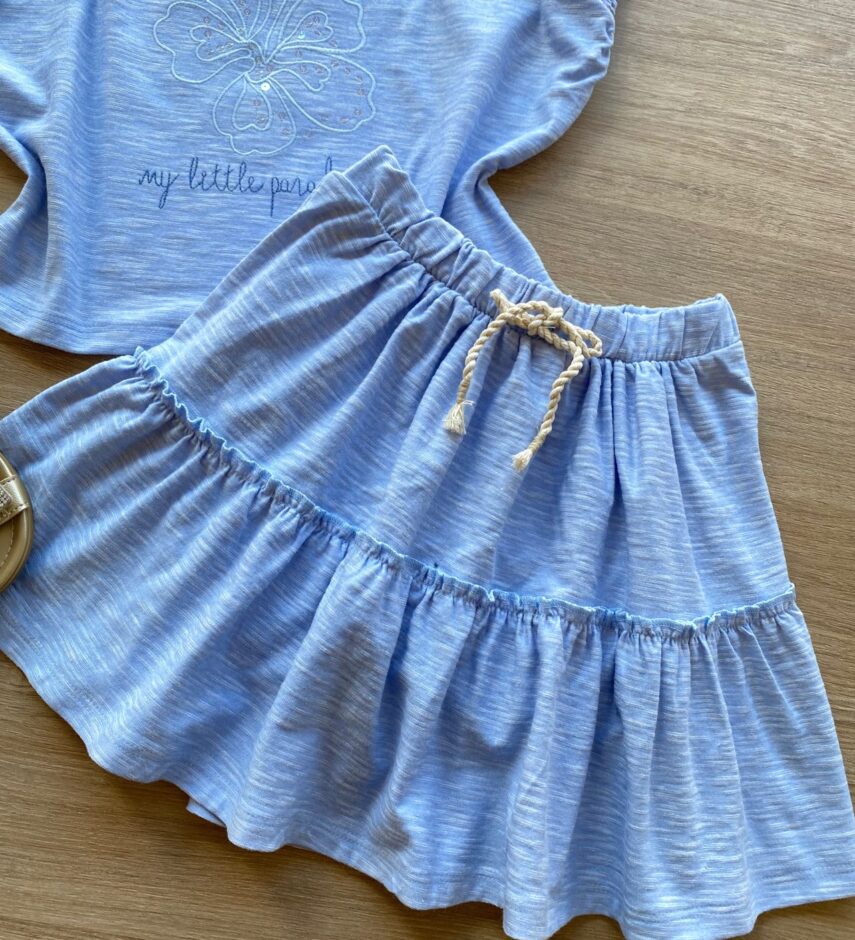 fernandaramoskids com br Conjunto Infantil Feminino Azul Cropped My Little Paradise Short Saia 2