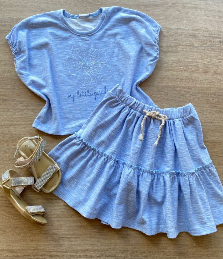 Conjunto Infantil Feminino Azul Cropped My Little Paradise Short Saia Fernanda Ramos Kids