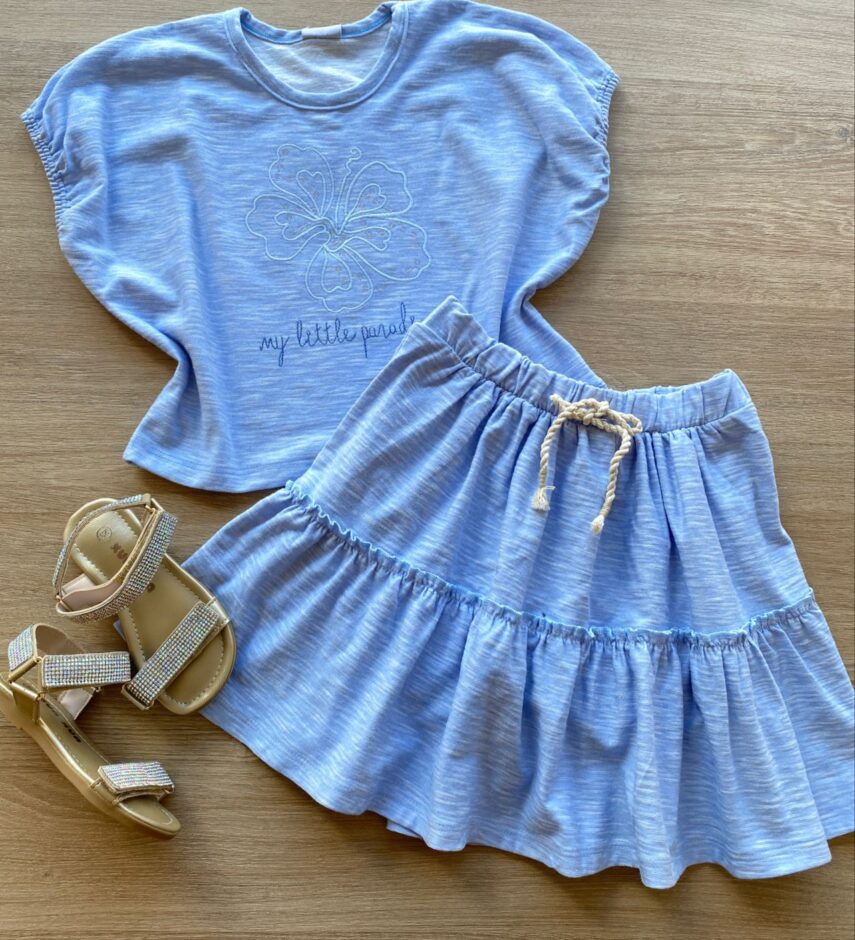 Conjunto Infantil Feminino Azul Cropped My Little Paradise Short Saia Fernanda Ramos Kids