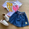 Conjunto Infantil Feminino Blusa Branca e Short Saia Jeans Fernanda Ramos Kids