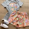 Conjunto Infantil Feminino Corações Blusa Cinza e Short Laranja Fernanda Ramos Kids