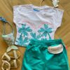 Conjunto Infantil Feminino Cropped Branco Short Saia Verde Esmeralda Fernanda Ramos Kids
