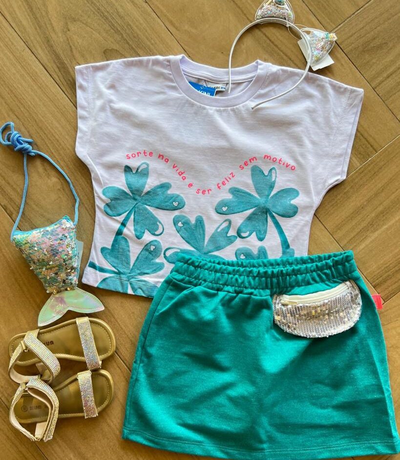 Conjunto Infantil Feminino Cropped Branco Short Saia Verde Esmeralda Fernanda Ramos Kids