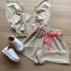 Conjunto Infantil Feminino Cropped e Short Bege Cordão Pink Flúor Fernanda Ramos Kids