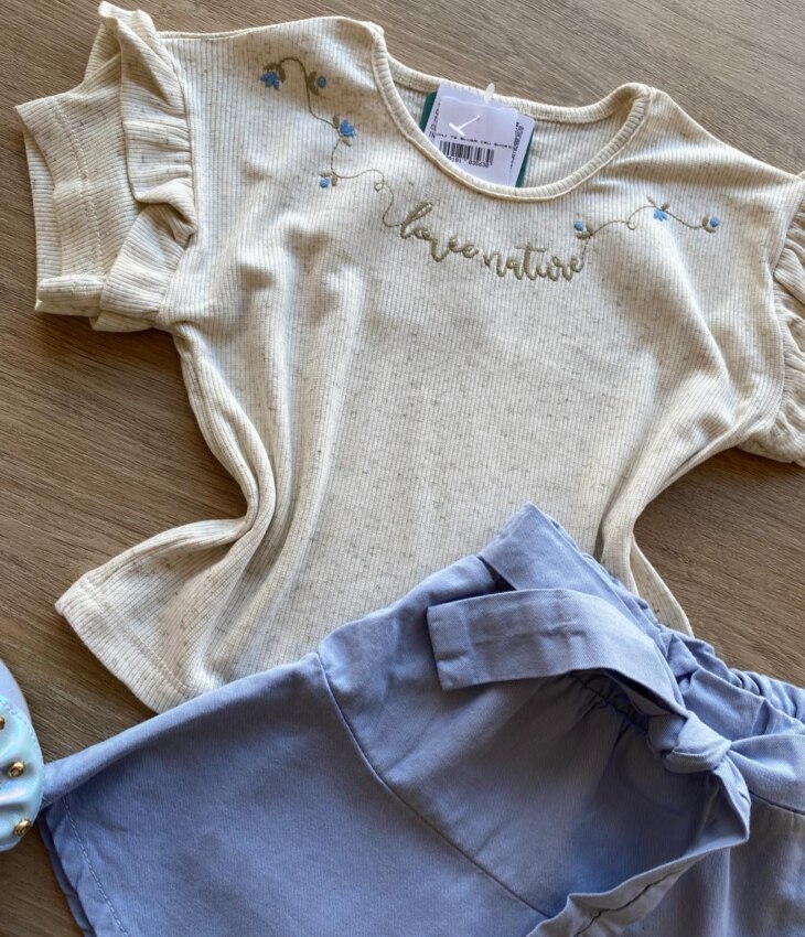 fernandaramoskids com br Conjunto Infantil Feminino Cropped Love Nature Short Saia Azul 1