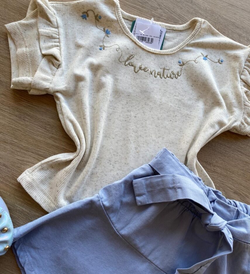 fernandaramoskids com br Conjunto Infantil Feminino Cropped Love Nature Short Saia Azul 1