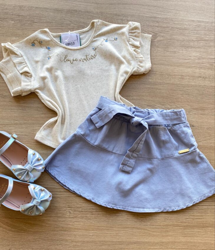Conjunto Infantil Feminino Cropped Love Nature Short Saia Azul Fernanda Ramos Store